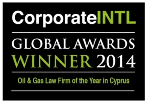 Award badge: CorporateINTL GLOBAL AWARDS WINNER 2014, Oil & Gas Law Firm of the Year in Cyprus (black with white and green text)