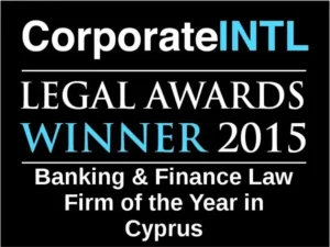 Graphic announcing CorporateINTL Legal Awards Winner 2015: Banking & Finance Law Firm of the Year in Cyprus.